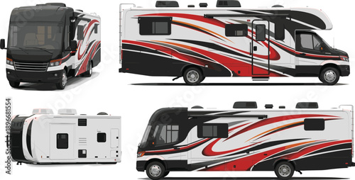 Modern luxury recreational vehicle RV motorhome vector mockup set with multiple views for travel camping branding and nomadic lifestyle design isolated on white background