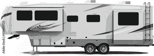 Modern White Fifth Wheel RV Camper Trailer Vector Illustration Featuring Luxury Slide Out Design Isolated on White Background for Recreational Vehicle Travel and Camping Branding