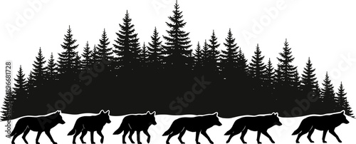 Silhouette wolves walking together in snowy forest landscape symbolizing wilderness, instinct and unity, wildlife pack behavior concept, minimalist black and white nature illustration
