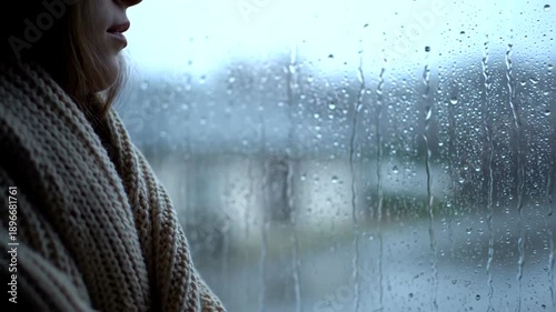 Woman Looking Out Window on Rainy Day.