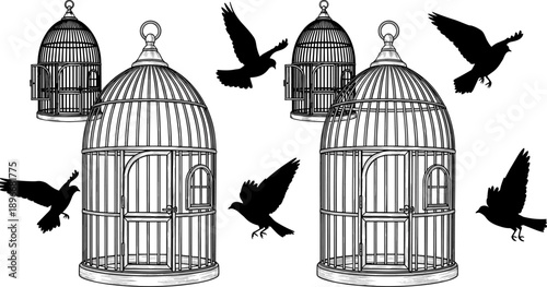 Silhouettes of flying birds escaping empty vintage birdcages, symbolizing freedom, liberation, and release from captivity in minimalist black vector illustration on white background