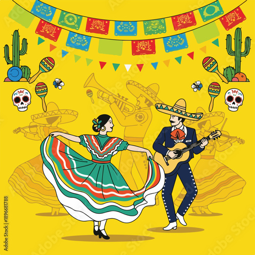 Vibrant dancers in traditional attire perform under colorful banners