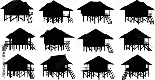 Stilt house silhouettes set illustration featuring traditional wooden huts on pillars, black and white vector collection isolated for rural architecture, village housing, and cultural design projects