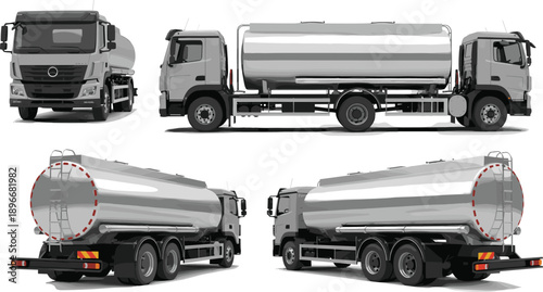 Professional white industrial tanker truck mockup set featuring front side and rear views for fuel chemical water transport and liquid logistics branding design concepts