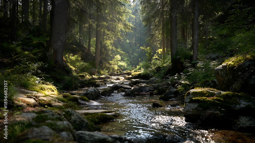 Obraz premium Serene forest stream flowing through rocks and trees in a lush green forest landscape
