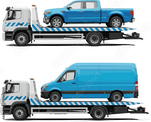 White flatbed tow truck vector mockup set carrying blue pickup truck and cargo delivery van side view for roadside assistance and vehicle transport branding