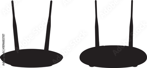 Two black solid silhouette illustrations of wireless routers with antennas 