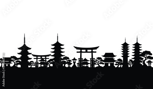 Black silhouette of Japanese pagodas torii gates and trees against white background vector