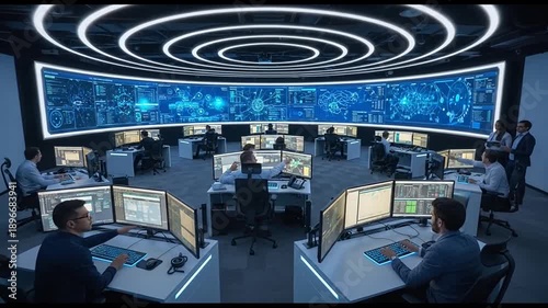 IT professionals monitoring data in a modern high-tech control room