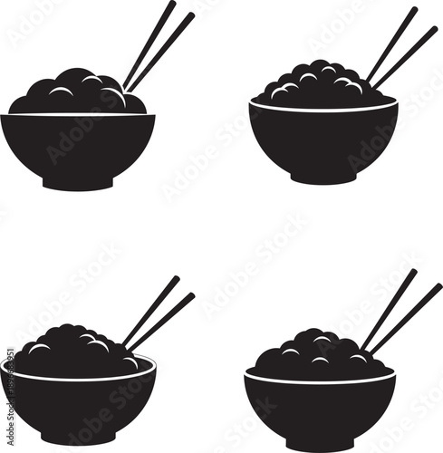 Four black solid silhouette illustrations of bowls with chopsticks