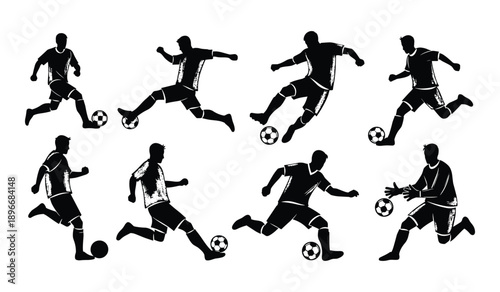Collection of black soccer player silhouettes in various action poses with soccer balls football