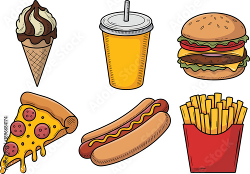 Hand drawn fast food collection, burger, fries, pizza slice, hotdog, soda cup and ice cream cone, cartoon snack illustration.tor Artwork