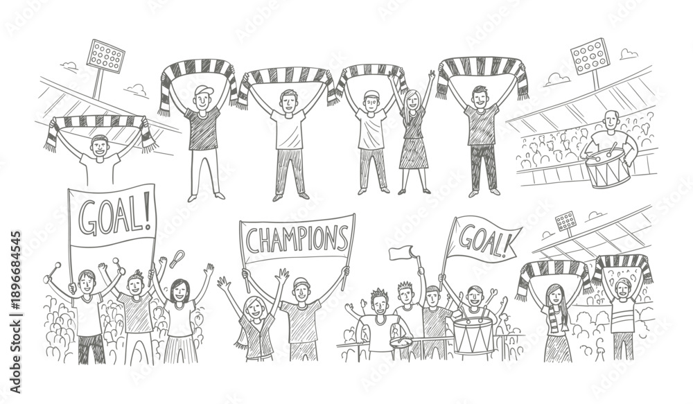 Obraz premium Hand drawn sketch of diverse sports fans cheering with scarves and banners at a stadium crowd celebrating