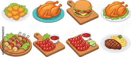 Delicious food set with grilled chicken, burger, steak, and sausages on wooden boards, assorted meat dishes with vegetables isolated on white,