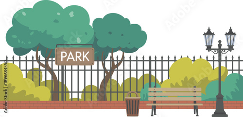 Flat vector illustration of a city park featuring green trees, bushes, black fence, wooden bench, lamp post, and trash bin.