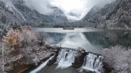 Aerial View of Misty Lake and Frosted Forest in Bipenggou, Western Sichuan