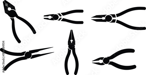 Pliers icon set black silhouettes, hardware tool symbols for repair and construction, metal hand tools isolated on white background, collection,