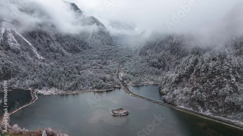 Aerial View of Misty Lake and Frosted Forest in Bipenggou, Western Sichuan