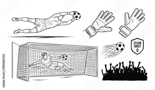 Soccer goalkeeper diving to catch ball near goal net with cheering crowd and clean sheet shield football
