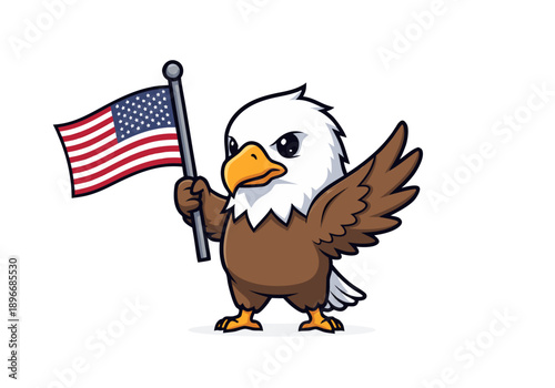 Cartoon eagle holding American flag on Flag Day celebration illustration from a front viewpoint