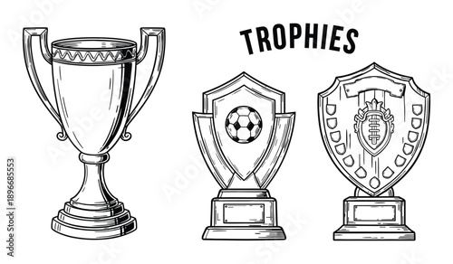 Three hand drawn trophies including a cup and two shields with sports emblems trophy award