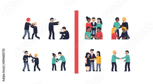 Illustration of diverse people interacting with kindness and respect, promoting a bullying-free zone and inclusive community with empathy and compassion in a supportive environment.