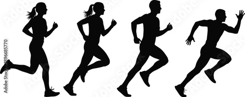 Black and white running silhouettes of male and female athletes showing sprint motion, speed and fitness concept for sport training, marathon, exercise and active lifestyle