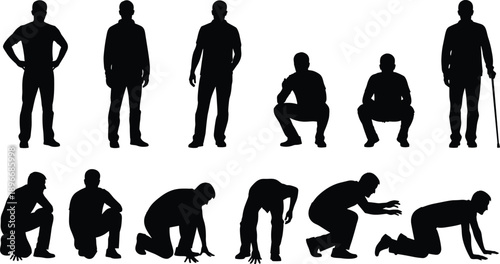 Black Male Silhouette Collection Featuring People Standing Crouching Kneeling and Walking Poses For Graphic Design Vector Illustration and Professional Human Activity Representation 