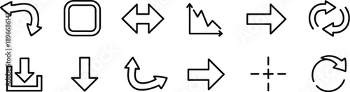 Line arrow icons collection, minimal thin line arrows with editable stroke for refresh, reload, repeat, sync and recycle UI functions.