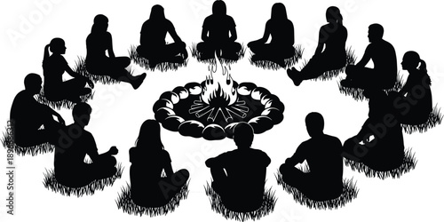 Black Silhouette of Group of Friends Sitting in a Circle Around a Campfire Outdoors on Grass Isolated on White Background Vector Illustration Art
