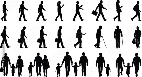 Black Silhouette Set of People Walking Commuting and Families Holding Hands on White Background for Urban Life Pedestrian Crowd Graphic Design Elements Vector Illustration