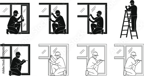 Construction Worker and Glazier Silhouette Set Installing or Repairing Glass Windows for Home Improvement Renovation Service Maintenance Graphic Design Elements Vector Illustration