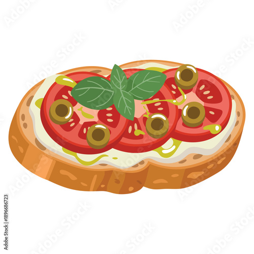 Appetizing toast illustrated as bruschetta with tomatoes basil olives and cheese isolated on white background perfect for food menu and recipe visuals