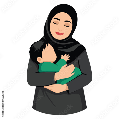 Arab woman wearing ethnic costumes hugging a baby illustration expressing family care motherhood tradition and cultural lifestyle themed visual design