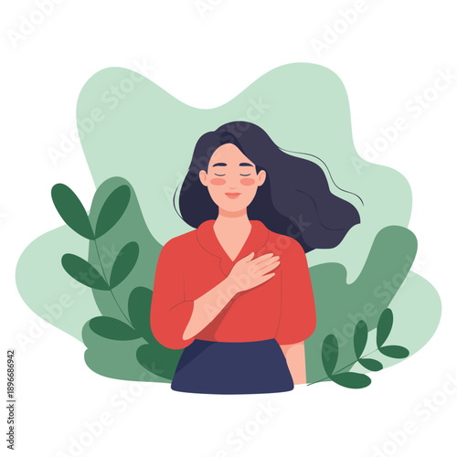 Awareness focused flat vector illustration of mental health concept featuring pretty young woman doing breathing exercise highlighting care mindfulness meditation isolated on white background
