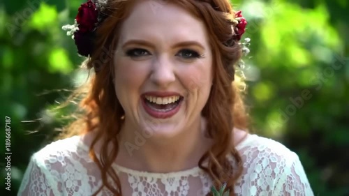 Redhead woman laughing in a white lace dress with floral crown against a blurred, green background