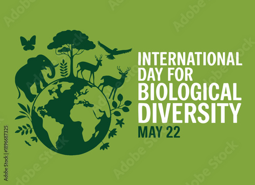 Biodiversity Day May 22 vector illustration showing planet Earth with fauna flora green globe and wild animals silhouette for important day awareness poster