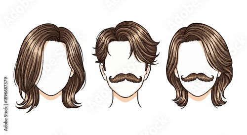 Illustration of three different hairstyles with mustache on male faces from a front view