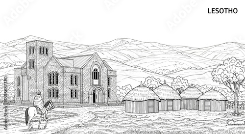 Church and Huts on Greens Screen Background