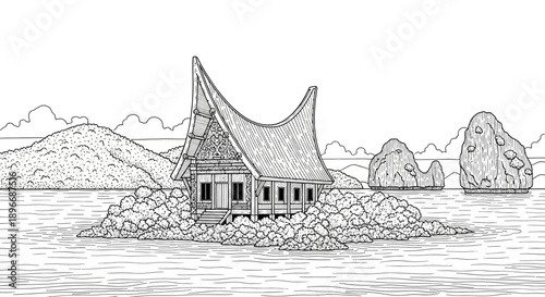 Unique House on Greens Screen Background in Serene Waterscape