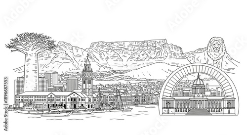 Illustrative Artwork of Iconic Landmarks on Green Screen Background in Vibrant Urban Landscape