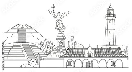 Pyramid, Lighthouse, and Angel of Independence on Greens Screen Background