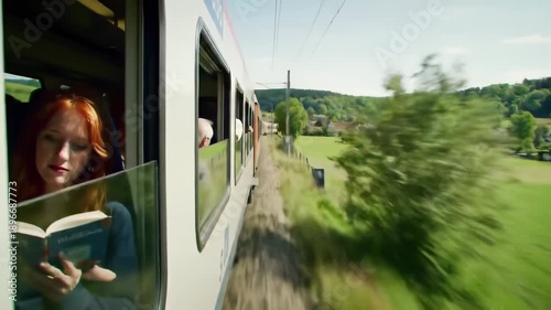 Redhead woman reads in a train, gazing at the blur of countryside. Rural scene outside