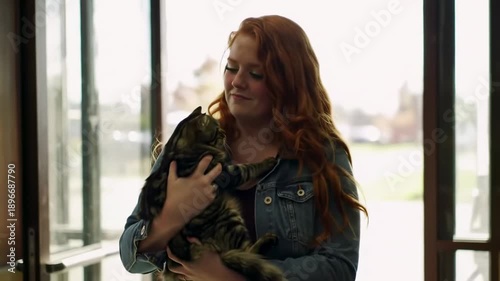Redhead woman smiling while cuddling her tabby cat, inside, by a large window with blurred outdoor view