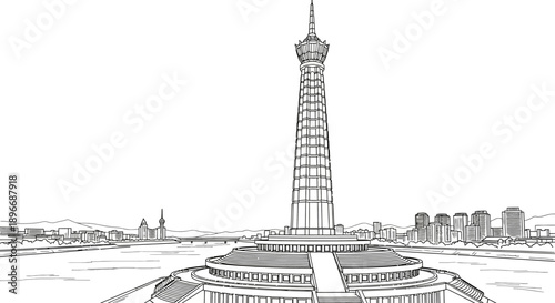 Towering Architecture, Landmark Structures, Urban Landscape on Greens Screen Background