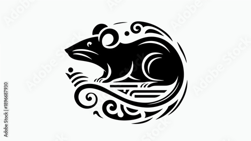 Chinese Zodiac Rat in Black and White Tribal Style Illustration
