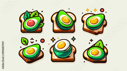 Creative Avocado Egg Toast Illustration Set in Flat Cartoon Style