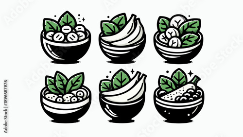 Minimalist Green Salad and Healthy Smoothie Bowl Illustration Set