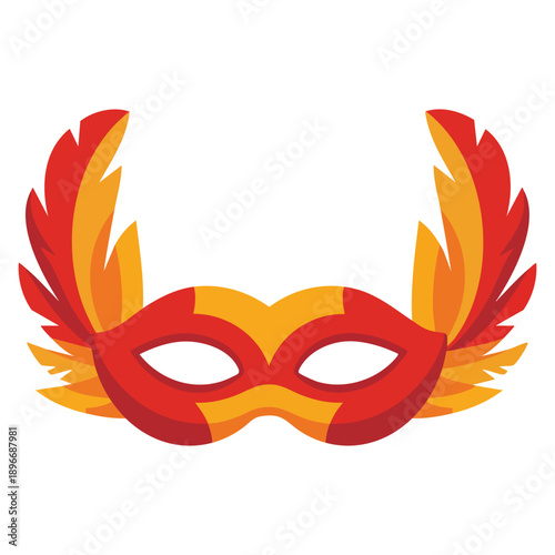 Burgundy and yellow masquerade mask with decorative feathers on the sides carnival eye accessory isolated on white background perfect for costume party carnival event and festive design themes