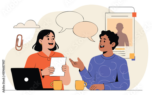 Business meeting illustration of people at job interview where HR manager interviews candidate for vacancy highlighting recruitment headhunting conversation and company hiring employee